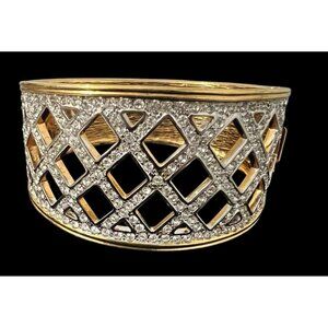 Sandi Miller Burrows Gold Tone Rhinestone Cuff Lattice Style Bracelet Signed